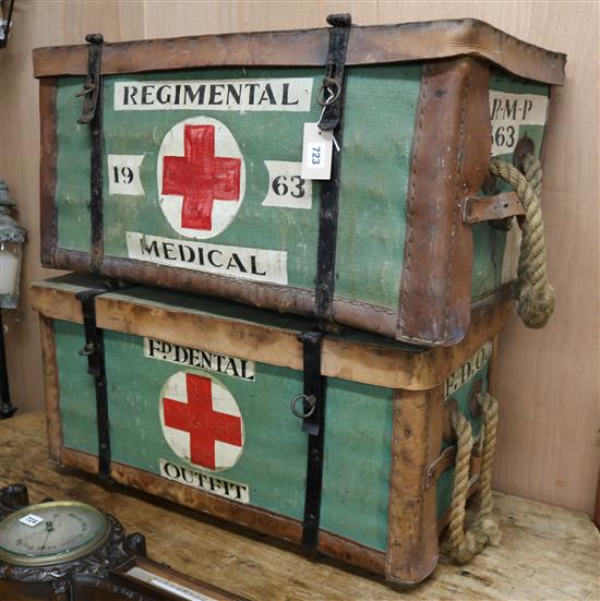 Two early 20th century leather,canvas and wicker military medical chests W.78cm and 74cm
